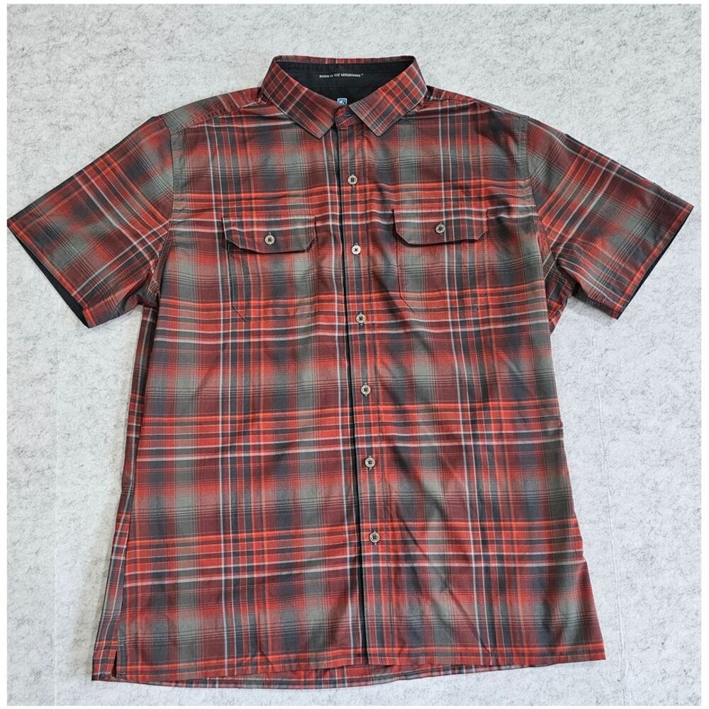 Kuhl Plaid Button Up Short Sleeve Shirt, Born In th Mountains, Red Grey Sz M New - Picture 3 of 9